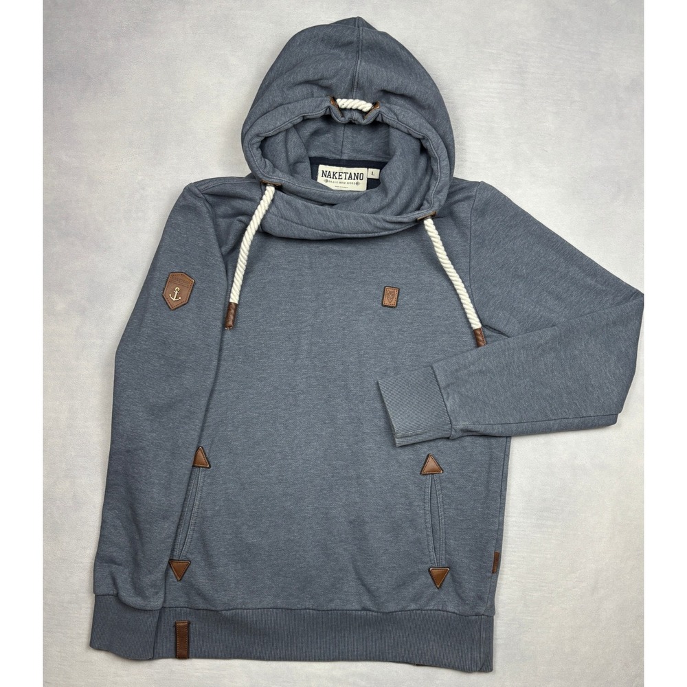 Naketano Brave‎ New Word Mens Large Blue Gray Cowl Neck Rope Hoodie Sweatshirt